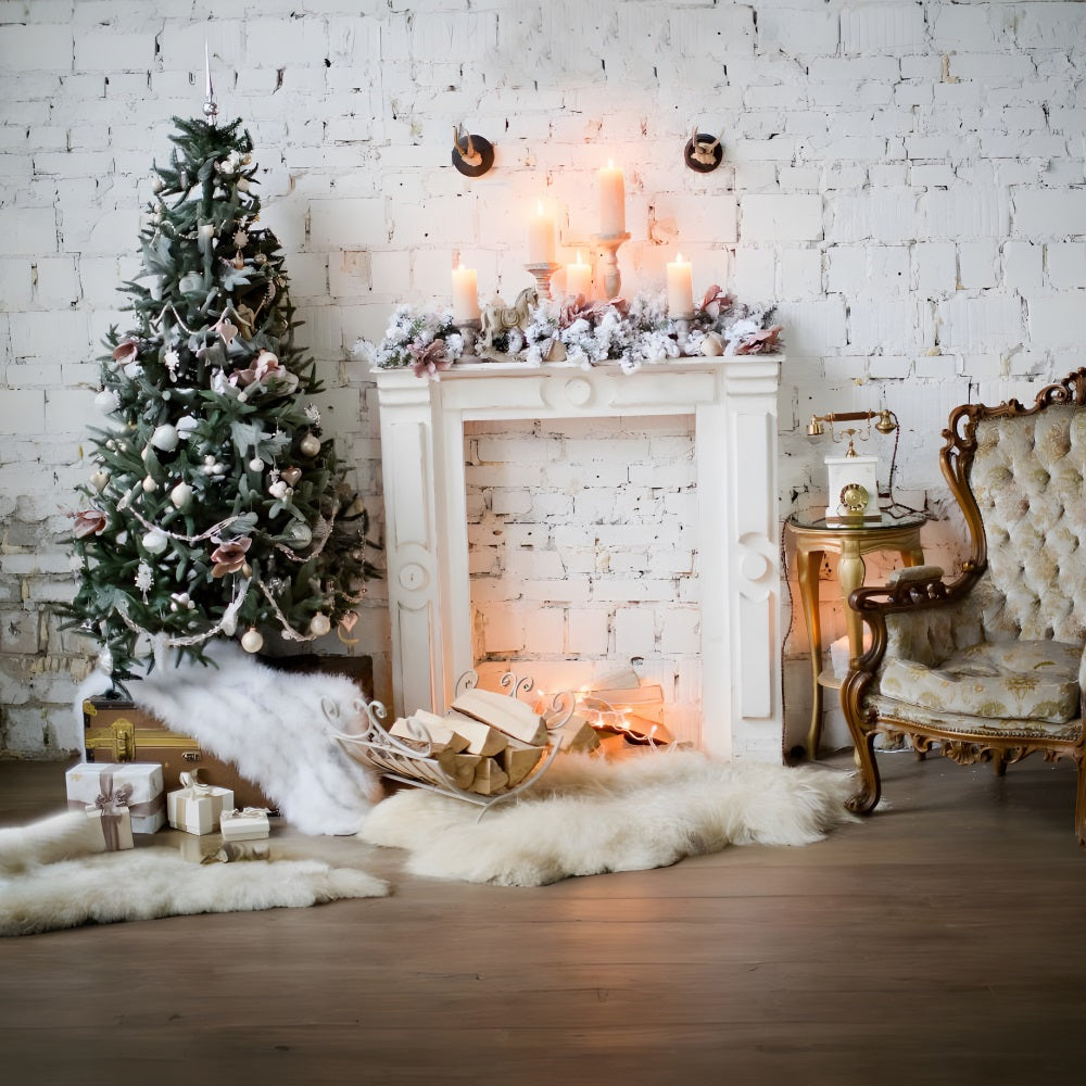 Christmas White Brick Wall Tree Fireplace Backdrop RR8-163