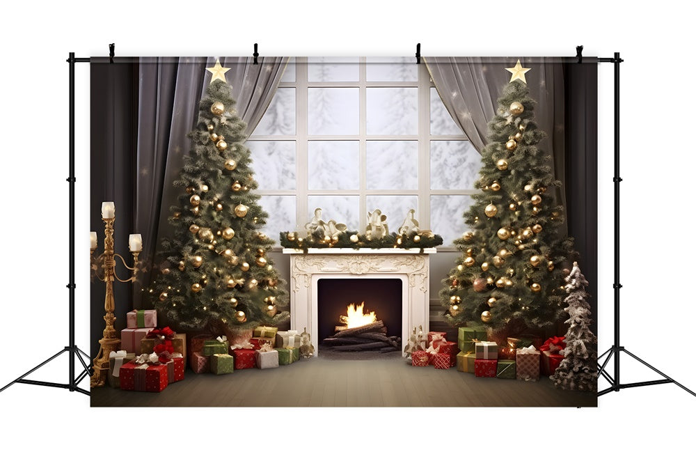 Christmas Cozy Cabin Fireplace Tree Backdrop RR8-165