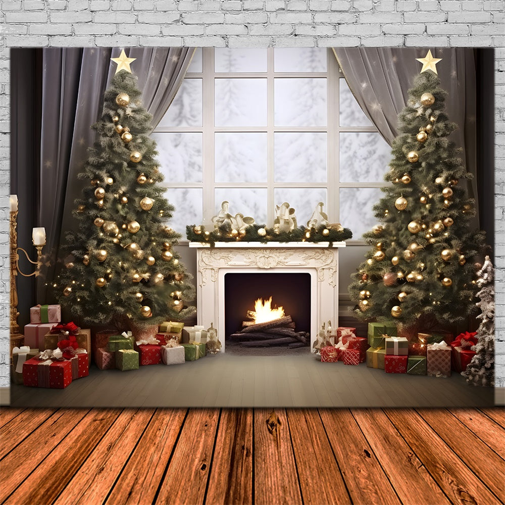 Christmas Cozy Cabin Fireplace Tree Backdrop RR8-165