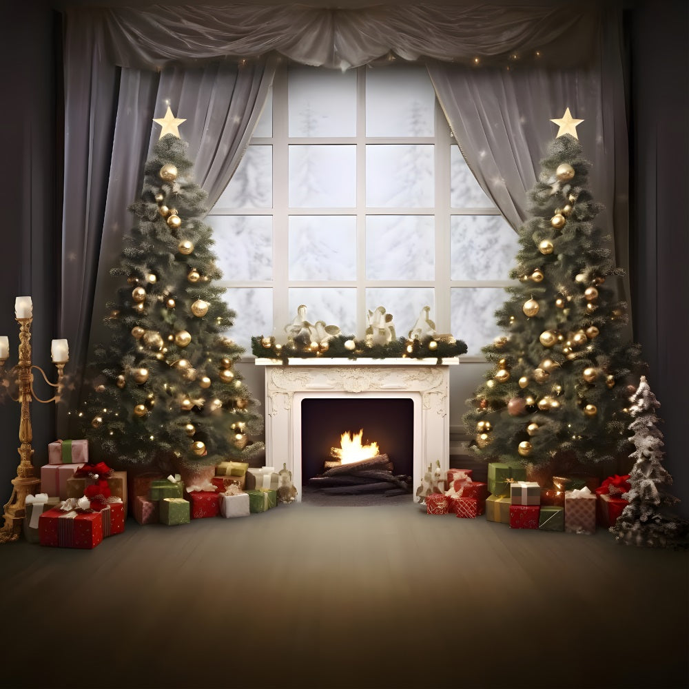 Christmas Cozy Cabin Fireplace Tree Backdrop RR8-165