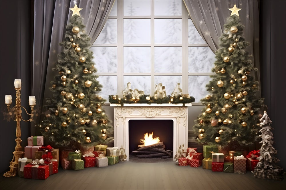 Christmas Cozy Cabin Fireplace Tree Backdrop RR8-165