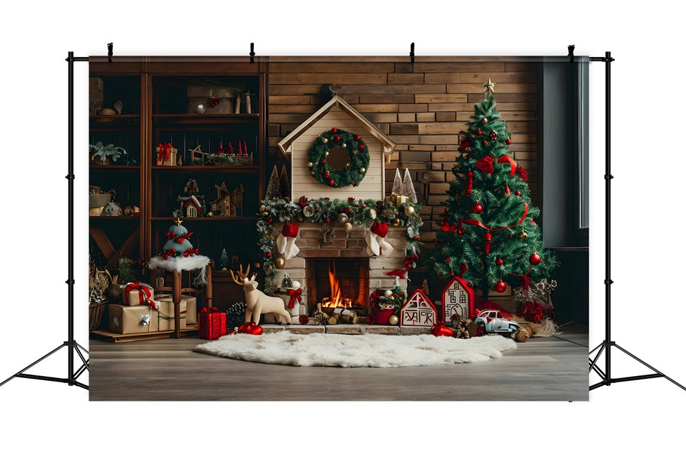 Christmas Rustic Cabin Fireplace Tree Backdrop RR8-167