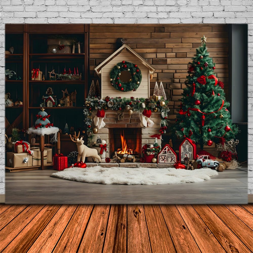 Christmas Rustic Cabin Fireplace Tree Backdrop RR8-167