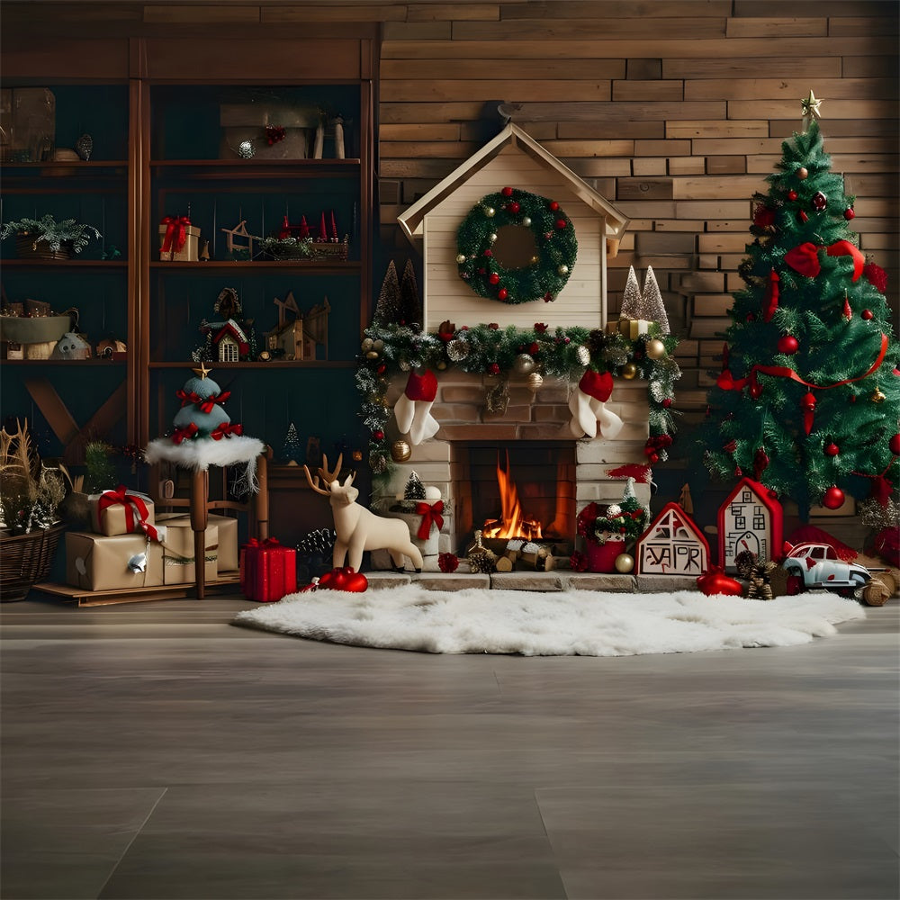 Christmas Rustic Cabin Fireplace Tree Backdrop RR8-167