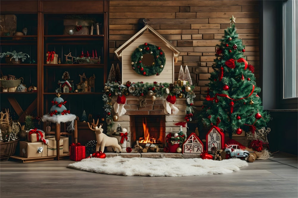 Christmas Rustic Cabin Fireplace Tree Backdrop RR8-167