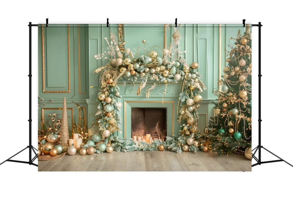 Christmas Elegant Green Gold Fireplace Backdrop RR8-168