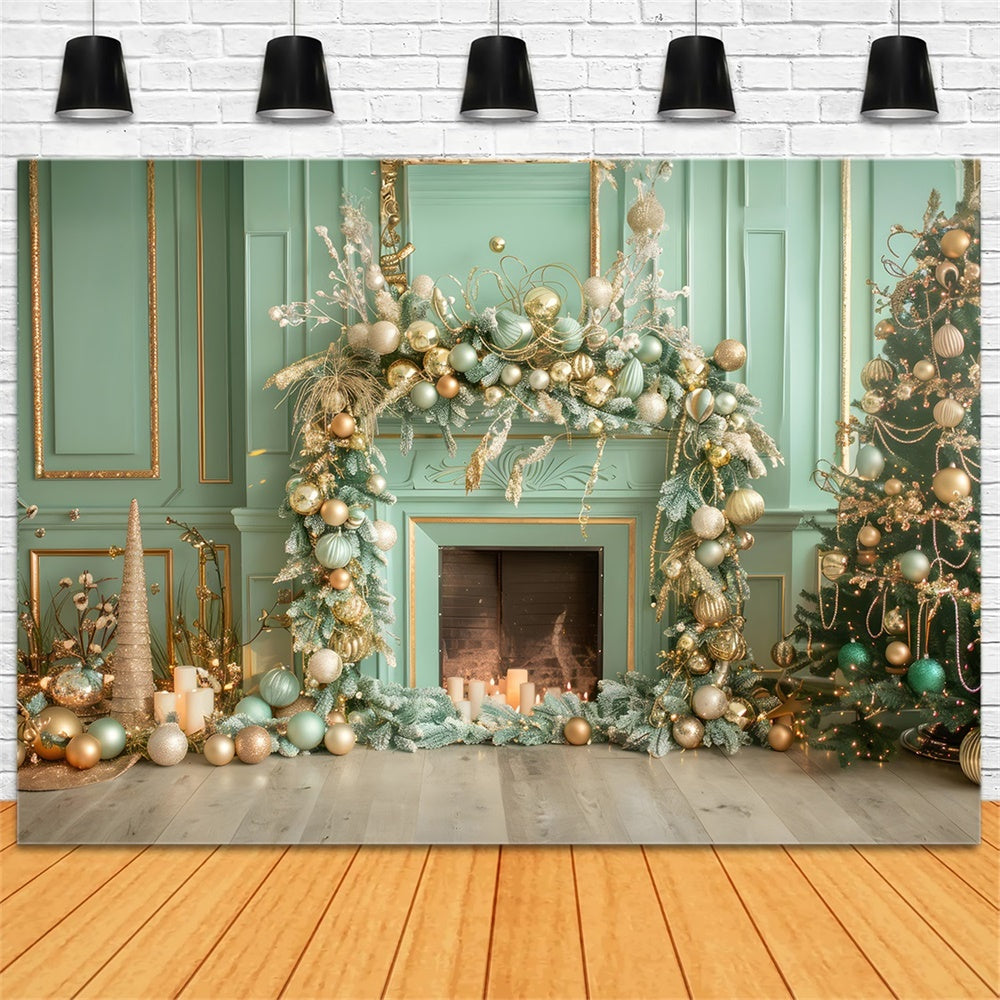 Christmas Elegant Green Gold Fireplace Backdrop RR8-168