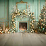 Christmas Elegant Green Gold Fireplace Backdrop RR8-168