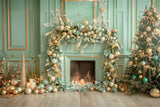 Christmas Elegant Green Gold Fireplace Backdrop RR8-168