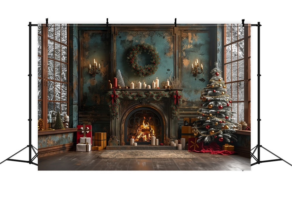 Christmas Vintage Cozy Fireplace Tree Backdrop RR8-169