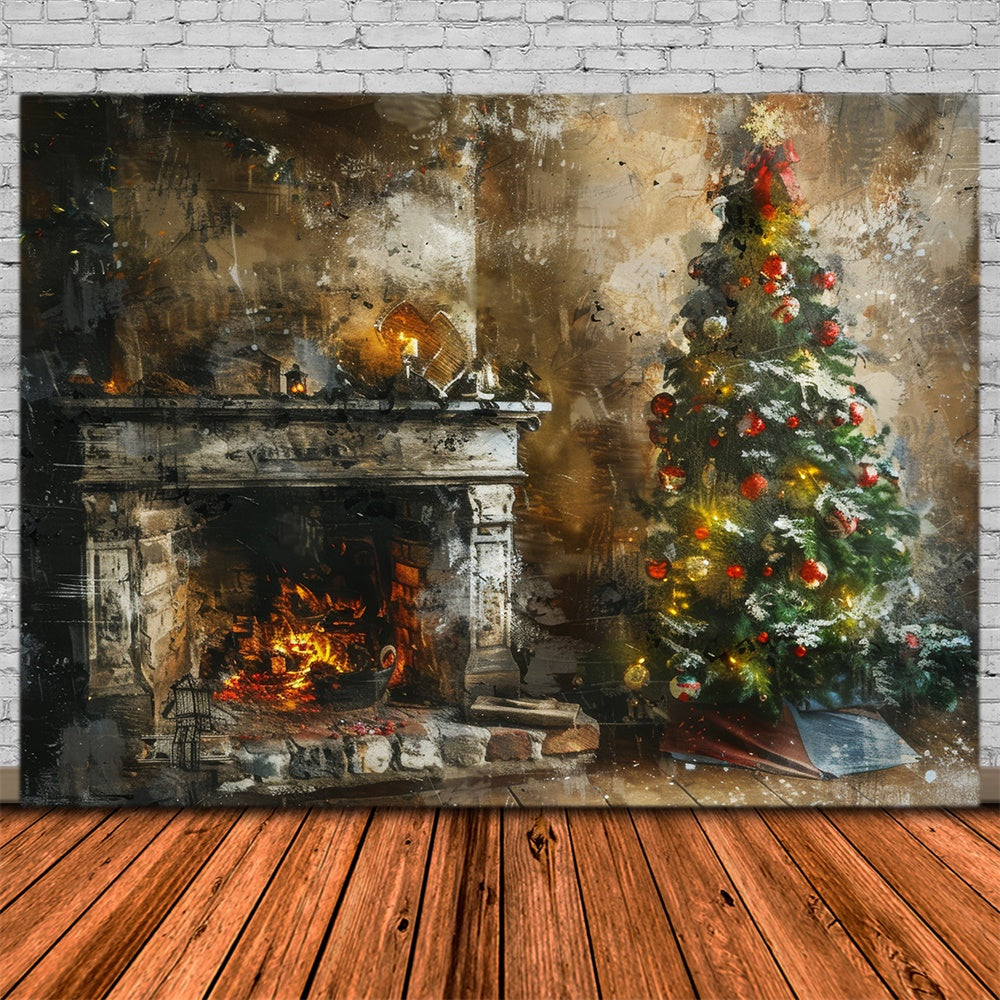 Christmas Artistic Rustic Fireplace Backdrop RR8-171