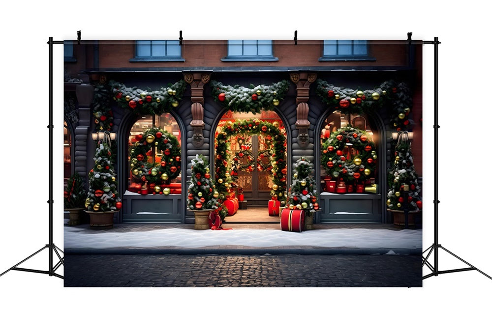 Christmas Festive Storefront Wreaths Backdrop RR8-174