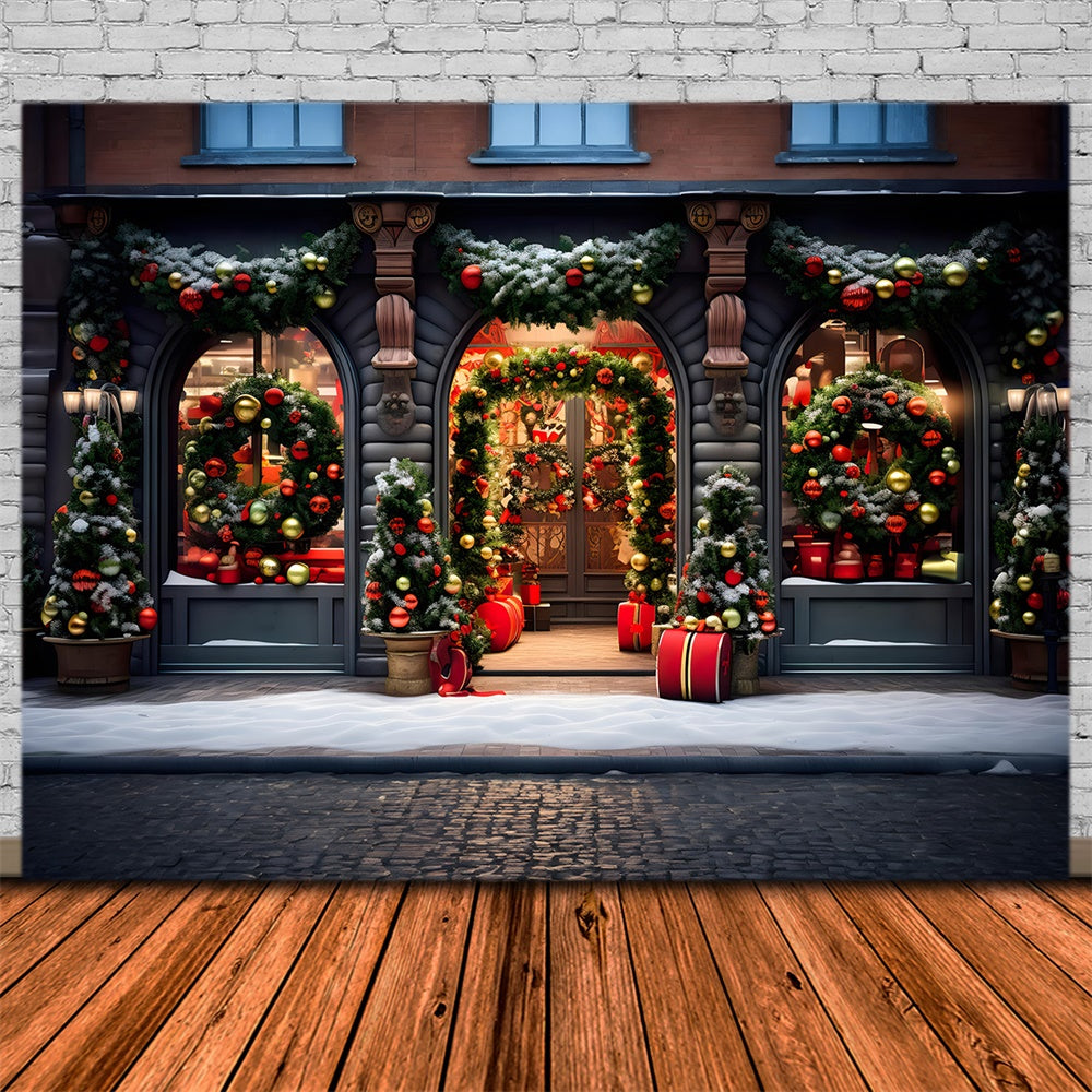 Christmas Festive Storefront Wreaths Backdrop RR8-174