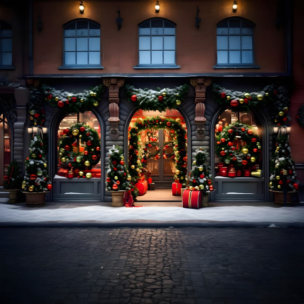 Christmas Festive Storefront Wreaths Backdrop RR8-174