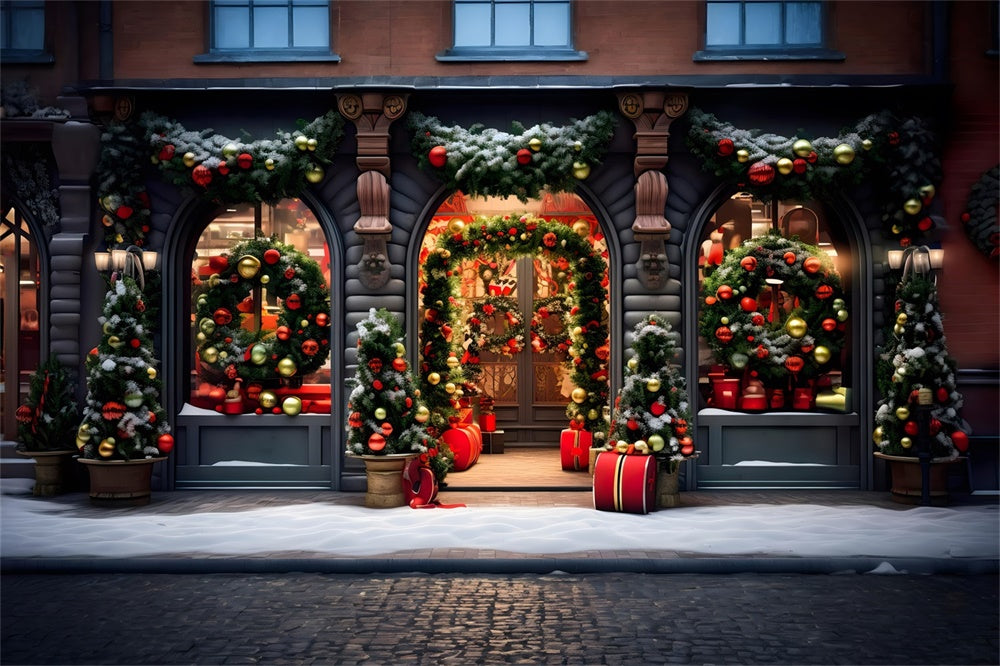 Christmas Festive Storefront Wreaths Backdrop RR8-174