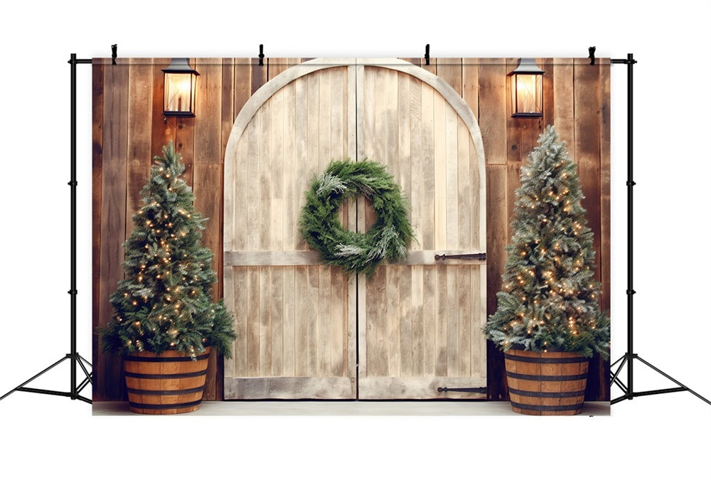 Christmas Rustic Doorway Lit Trees Backdrop RR8-178