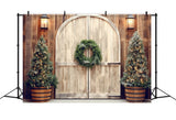 Christmas Rustic Doorway Lit Trees Backdrop RR8-178