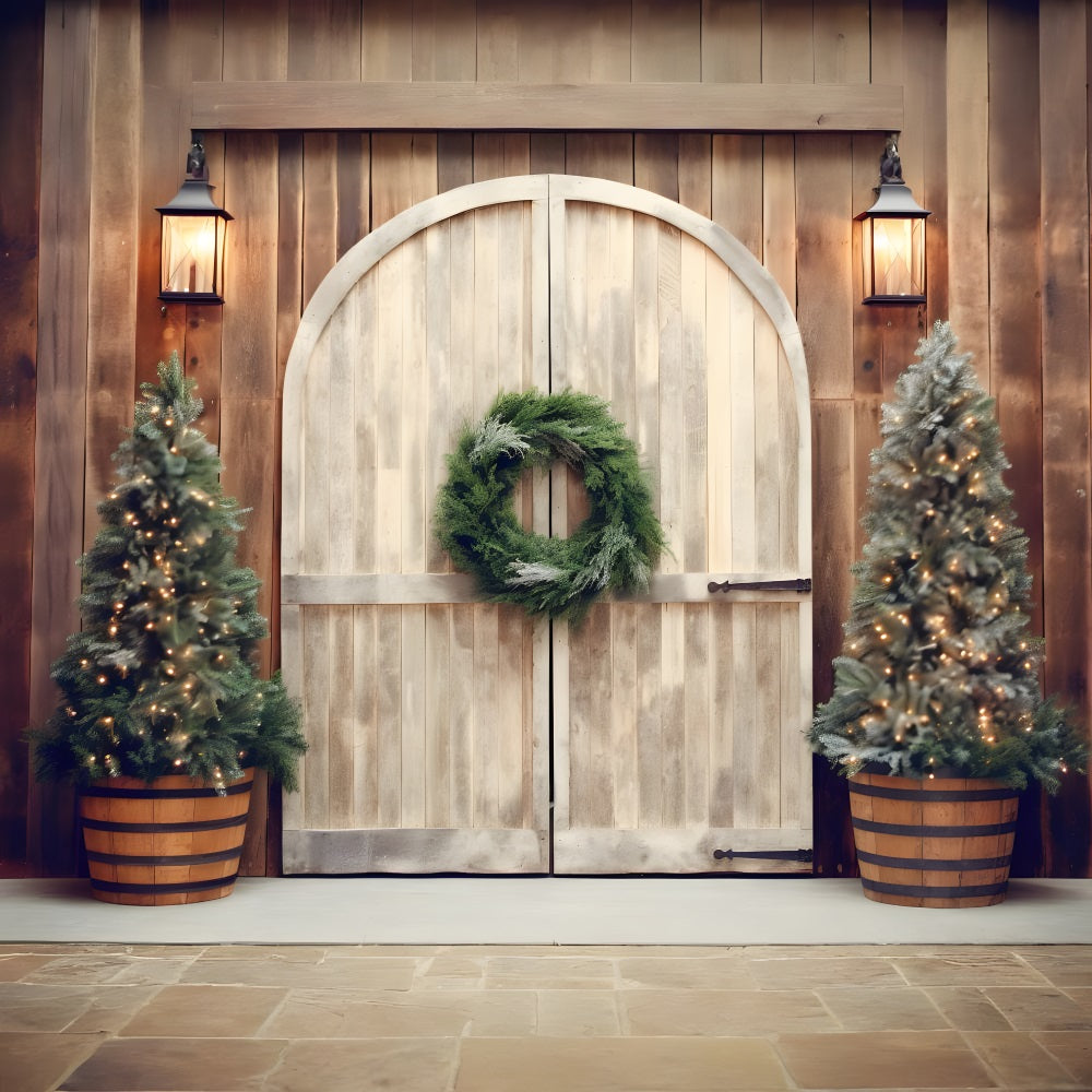 Christmas Rustic Doorway Lit Trees Backdrop RR8-178