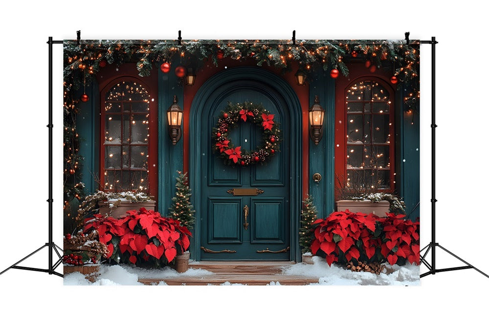 Christmas Poinsettia Adorned Front Door Backdrop RR8-184