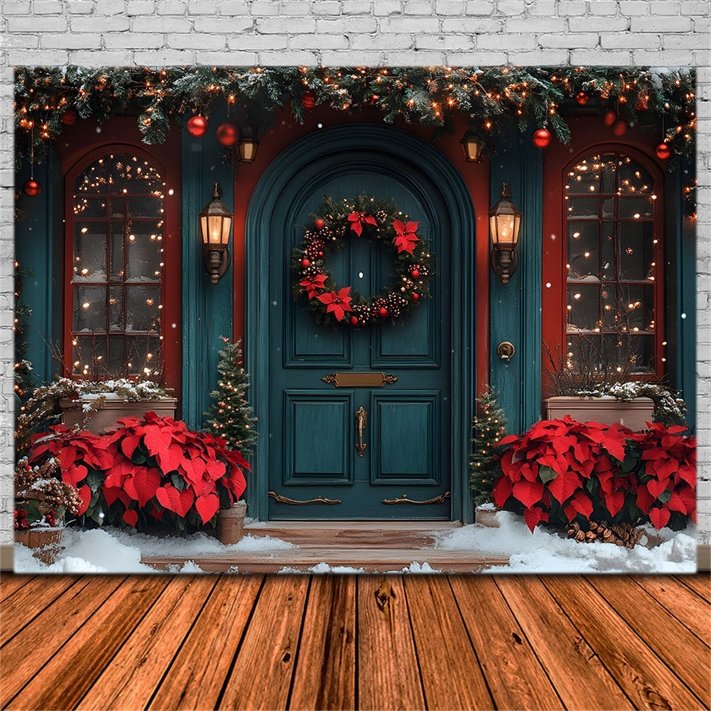 Christmas Poinsettia Adorned Front Door Backdrop RR8-184