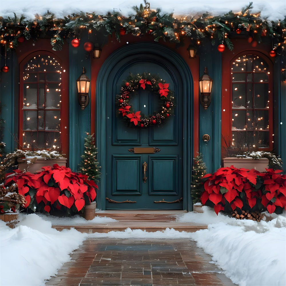 Christmas Poinsettia Adorned Front Door Backdrop RR8-184