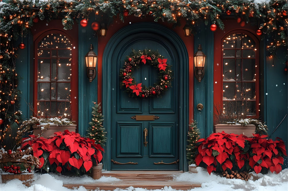 Christmas Poinsettia Adorned Front Door Backdrop RR8-184