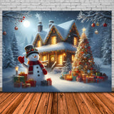 Christmas Snowman Cabin Night Backdrop RR8-211