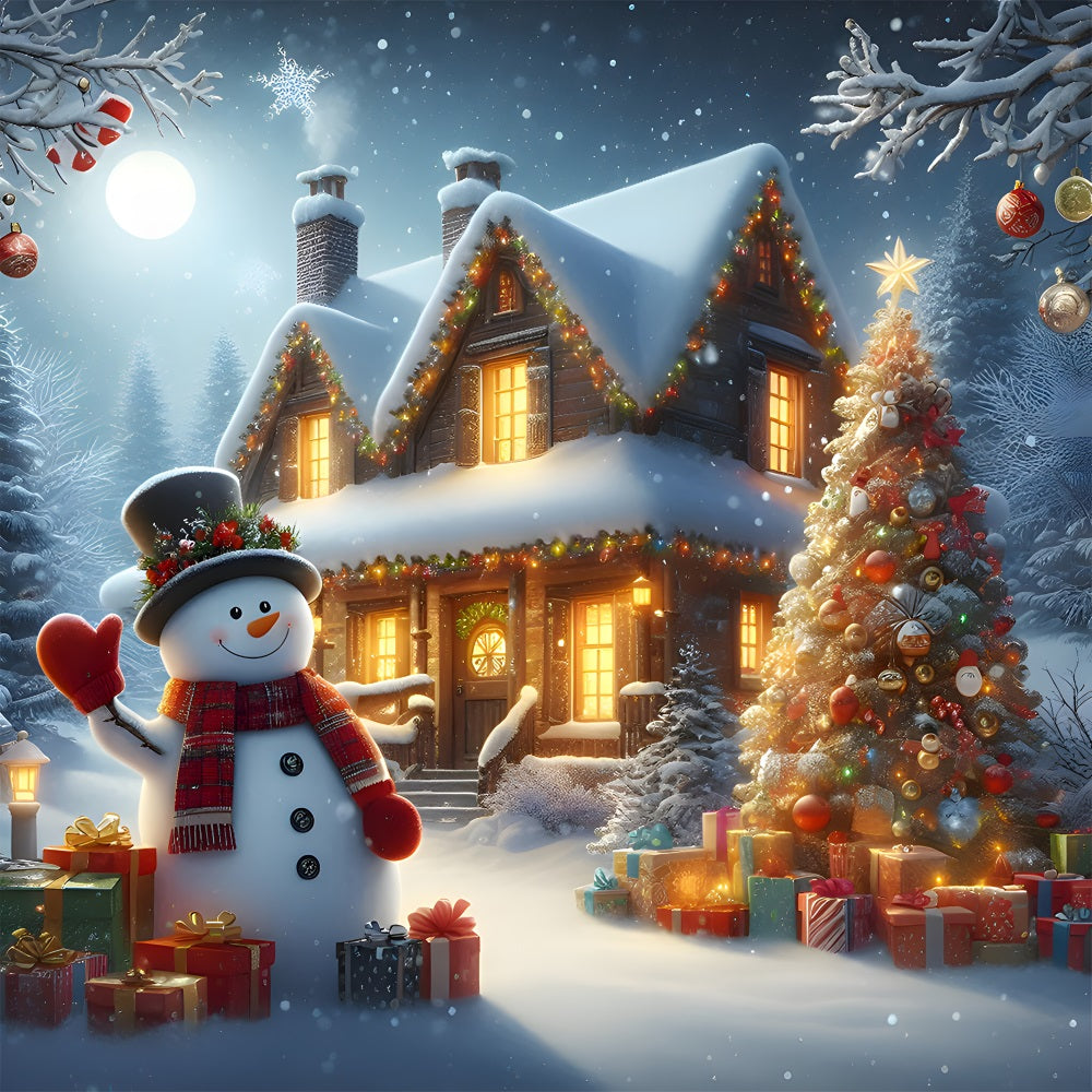 Christmas Snowman Cabin Night Backdrop RR8-211