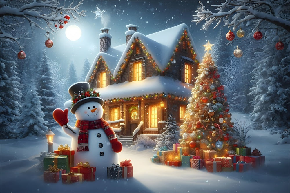 Christmas Snowman Cabin Night Backdrop RR8-211