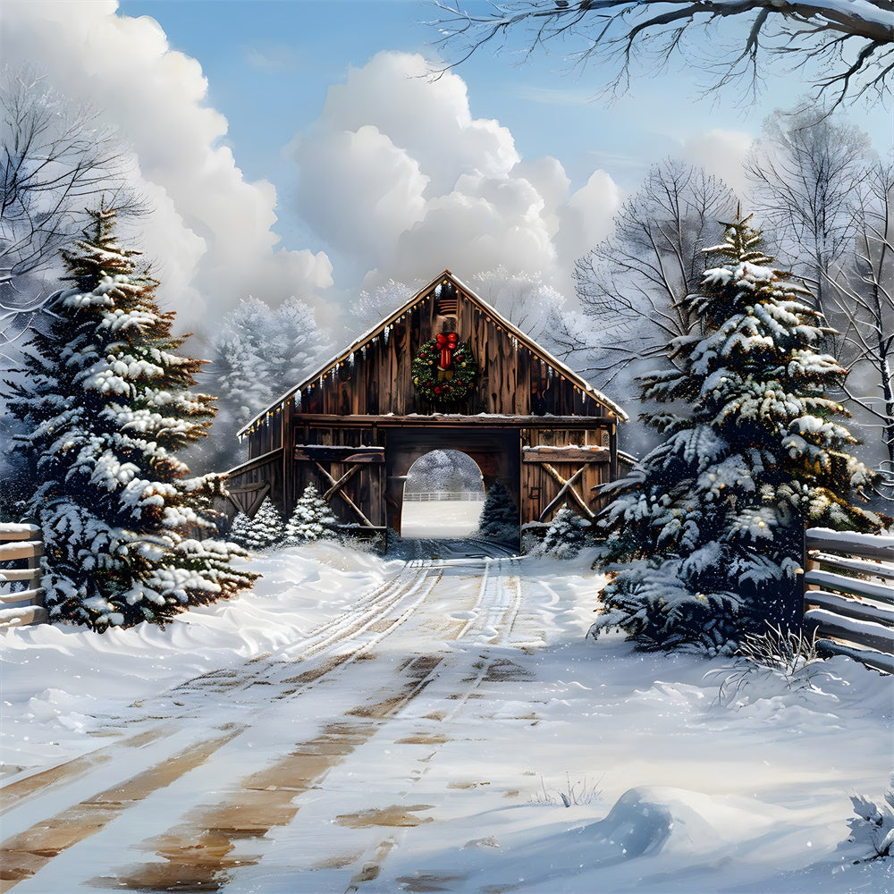 Christmas Snow Covered Woods Cabin Backdrop RR8-22