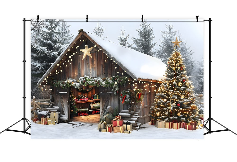 Christmas Glowing Trees Wooden House Backdrop RR8-23