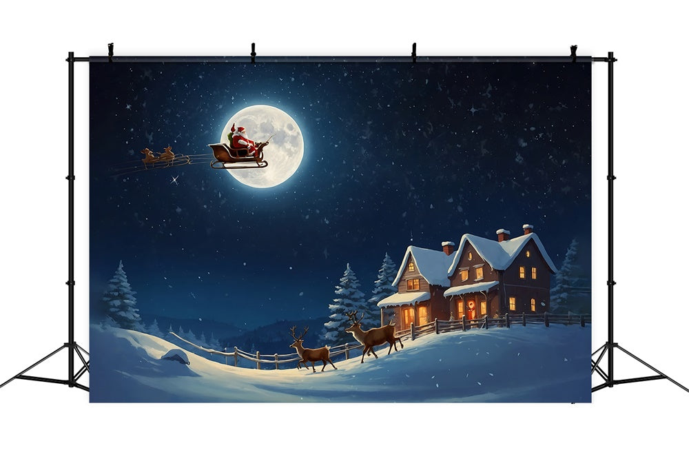 Christmas Santa Sleigh Over Moonlit Village Backdrop RR8-235