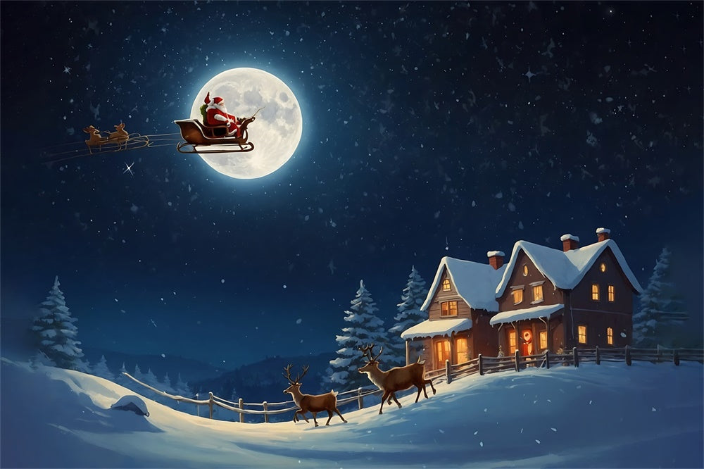 Christmas Santa Sleigh Over Moonlit Village Backdrop RR8-235