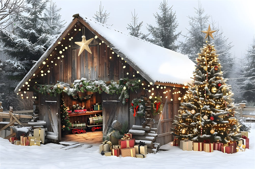 Christmas Glowing Trees Wooden House Backdrop RR8-23