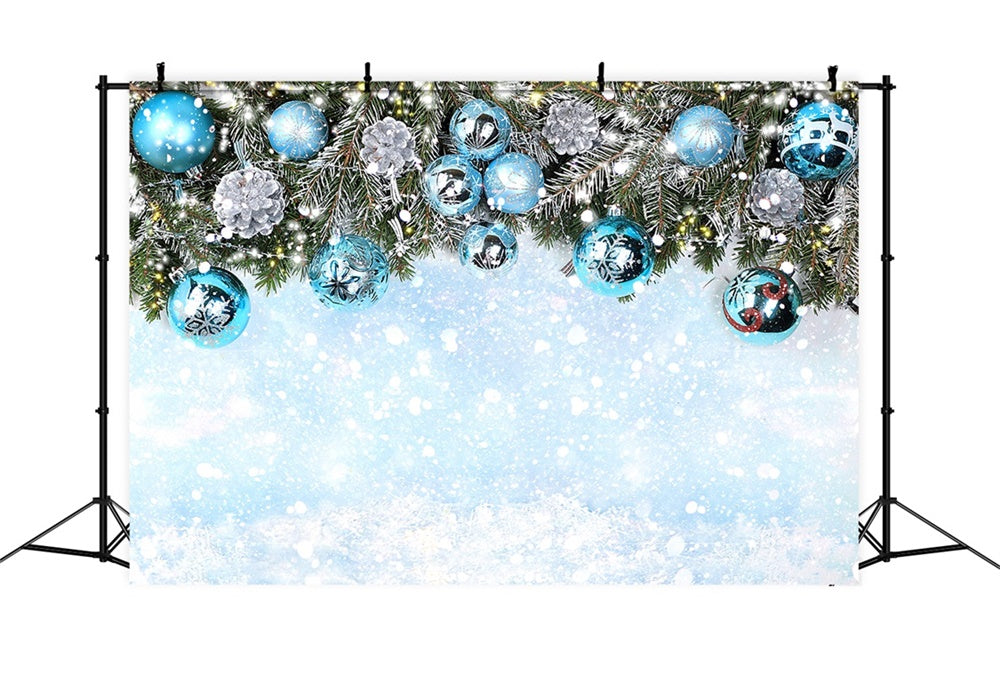 Christmas Snowy Branches Blue Ornaments Backdrop RR8-241