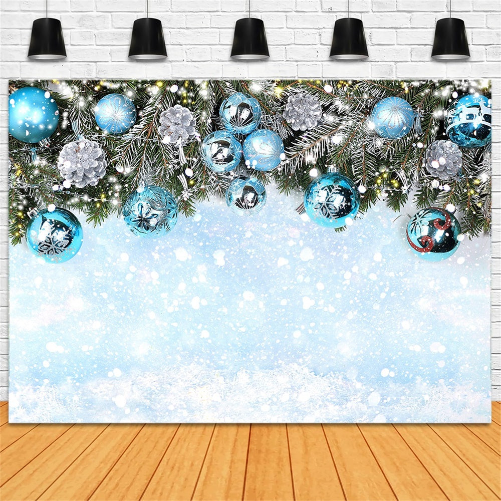 Christmas Snowy Branches Blue Ornaments Backdrop RR8-241