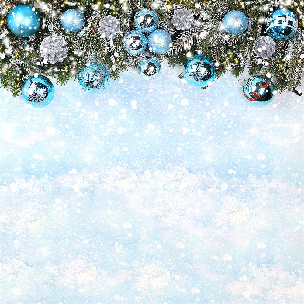 Christmas Snowy Branches Blue Ornaments Backdrop RR8-241