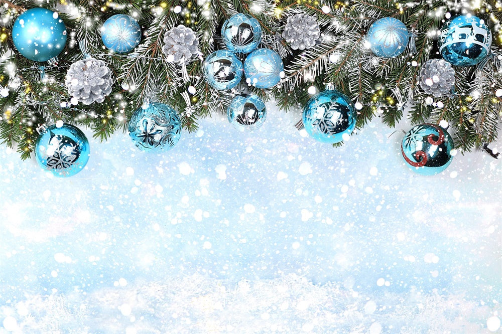 Christmas Snowy Branches Blue Ornaments Backdrop RR8-241