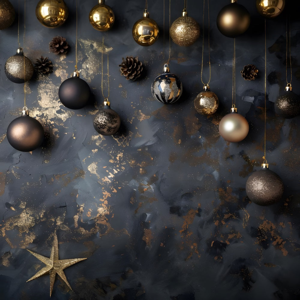 Christmas Elegant Black Gold Ornaments Backdrop RR8-242