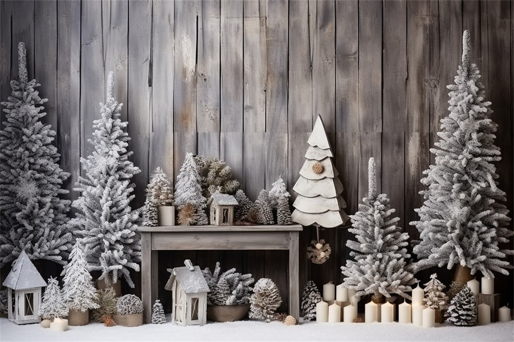 Christmas Rustic Cabin Frosted Trees Backdrop RR8-248