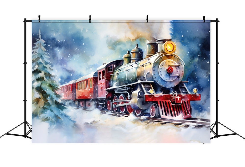 Christmas Watercolor Train Winter Scene Backdrop RR8-252