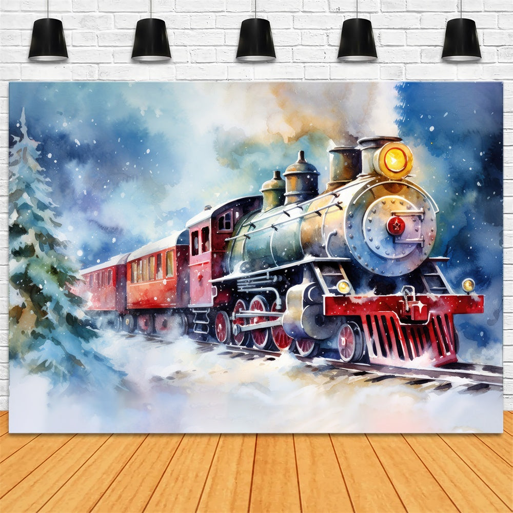 Christmas Watercolor Train Winter Scene Backdrop RR8-252