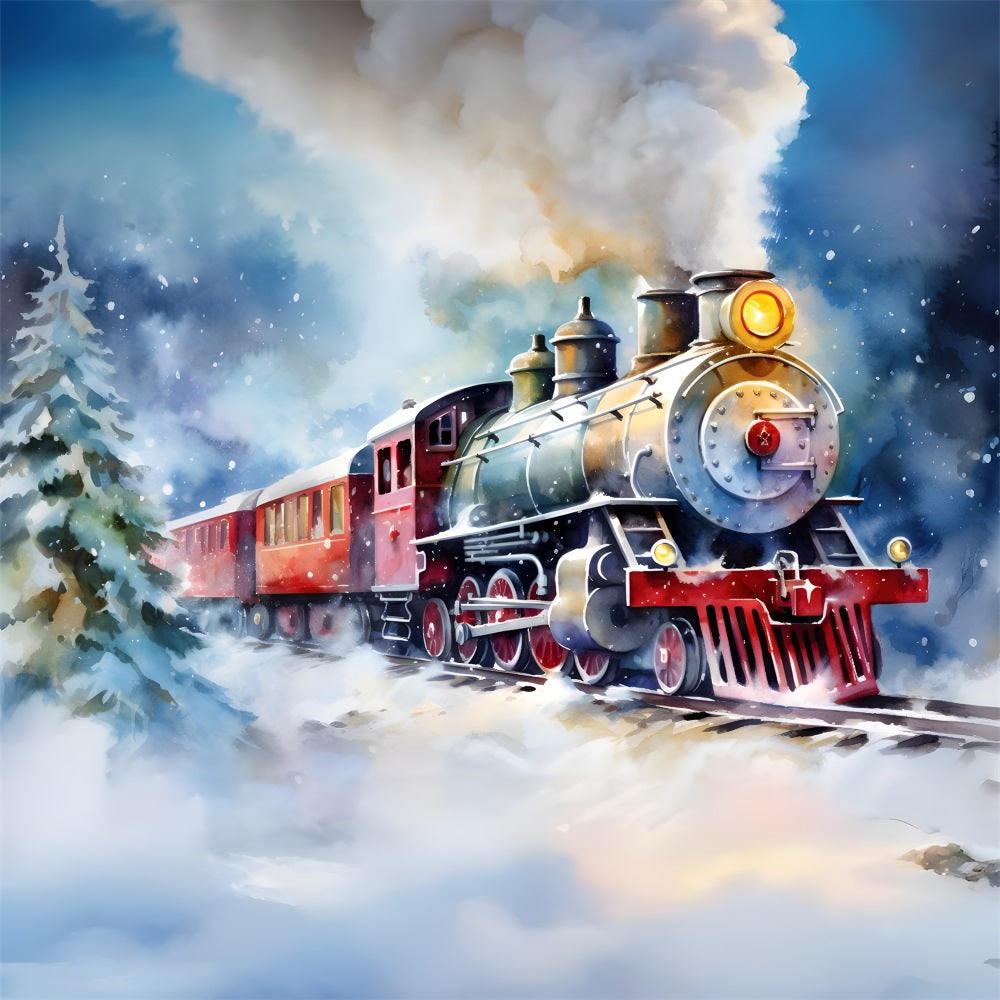 Christmas Watercolor Train Winter Scene Backdrop RR8-252