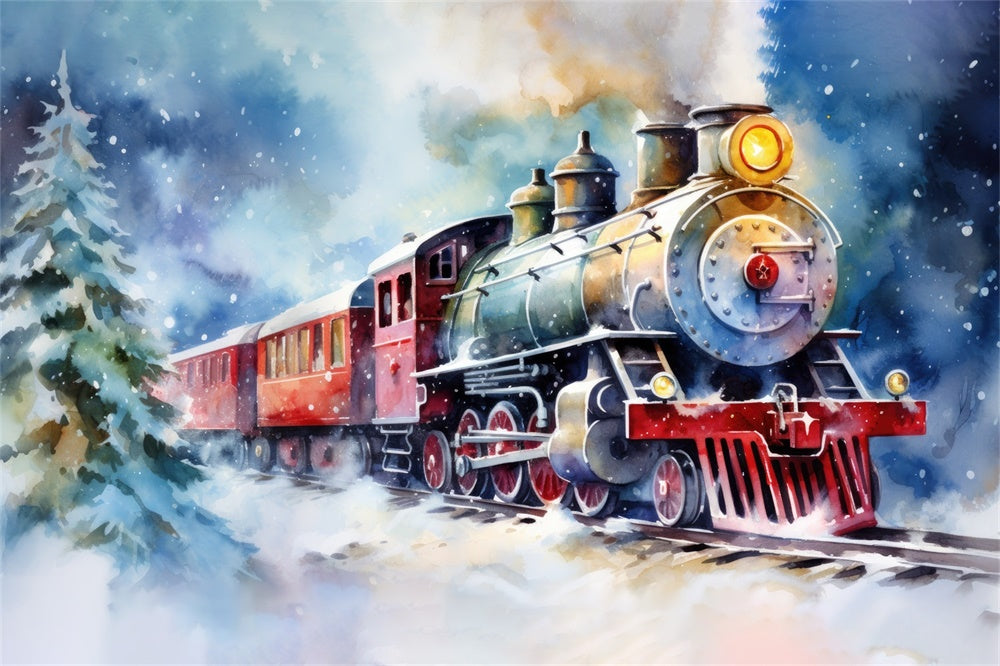 Christmas Watercolor Train Winter Scene Backdrop RR8-252