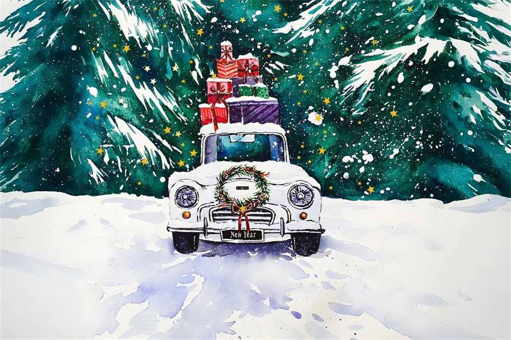 Christmas Watercolor Car Presents Backdrop RR8-254