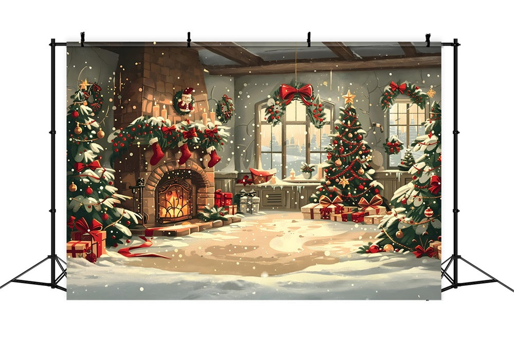 Christmas Cozy Fireplace Snowy Decor Backdrop RR8-255