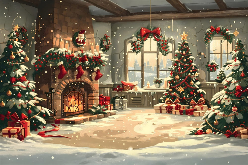 Christmas Cozy Fireplace Snowy Decor Backdrop RR8-255