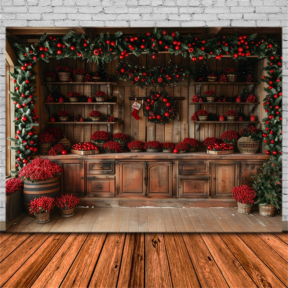 Christmas Rustic Cabin Red Berries Backdrop RR8-258