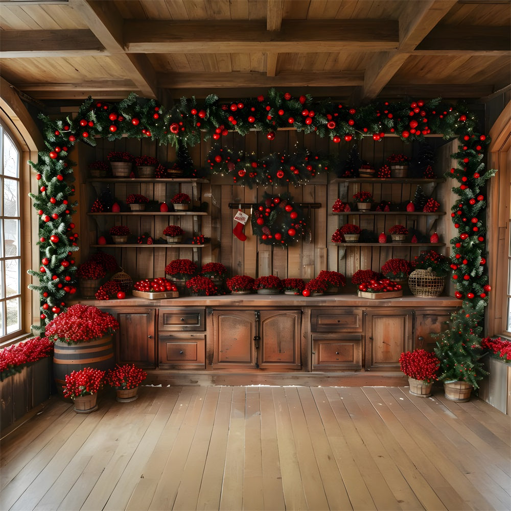 Christmas Rustic Cabin Red Berries Backdrop RR8-258