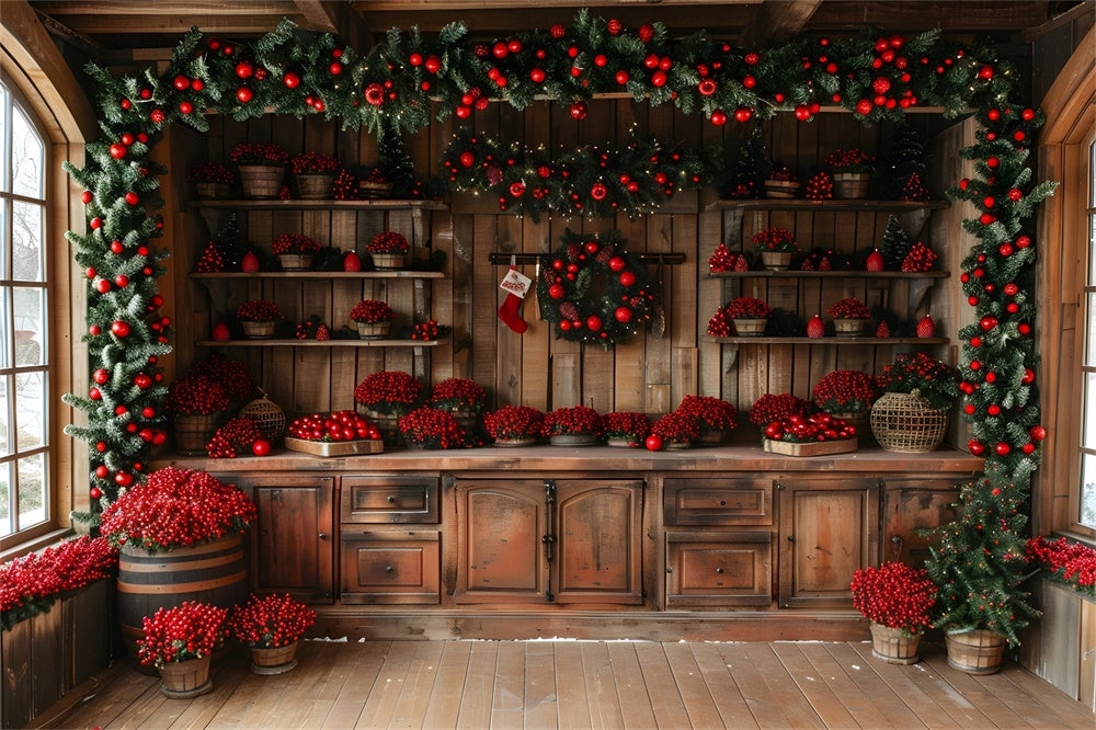 Christmas Rustic Cabin Red Berries Backdrop RR8-258